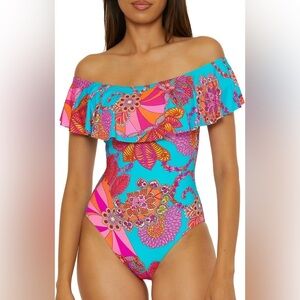 🆕 Trina Turk Women's Meilani Ruffle One Piece Swimsuit Off Shoulder Floral